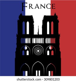 Black silhouette of notre dame on a colored background. Vector illustration