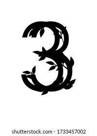 Black silhouette number 3 covered leaves eco font flat vector illustration isolated on white background