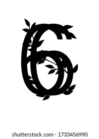 Black silhouette number 6 covered leaves eco font flat vector illustration isolated on white background
