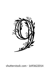 Black silhouette number 9 style tree branches with leaves and berries botanical flowers floral art design element flat vector illustration