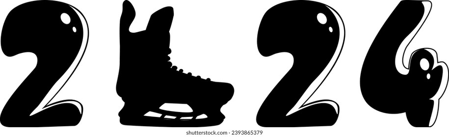 Schwarze Silhouette der Zahlen 2024 und Eishockeyskate. Zahlen des neuen Jahres. Flacher Stil. Clipart. Vektorgrafik. 