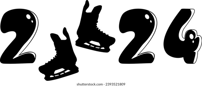 Black silhouette of numbers 2024 and two ice hockey skates. Numbers of the new year. Flat style. Clipart. Vector illustration. 