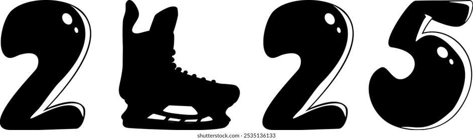 Silhueta preta dos números 2025 e patins de hóquei no gelo. Números do ano novo. Estilo plano. Clipart. Ilustração vetorial. 