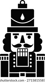 Una silueta negra de un soldado cascanueces con una corona y un detalle en forma de gota en su sombrero, aislado sobre un fondo blanco.