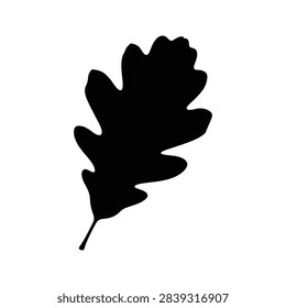 A black silhouette of an oak leaf, showcasing detailed lobes and veins, set against a plain white background for contrast and clarity.