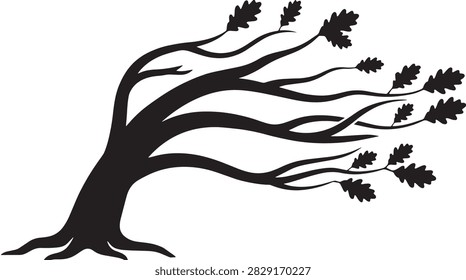 Black silhouette of an oak tree leaning in wind with curved branches and leaves on a white background.