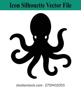 Black silhouette of an octopus with eight tentacles isolated on white background