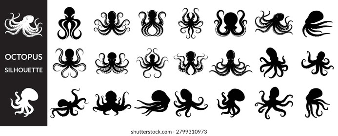 Black silhouette of octopus illustrations in black silhouette vector style,