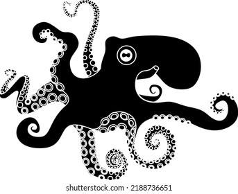 Black silhouette of octopus isolated on white background