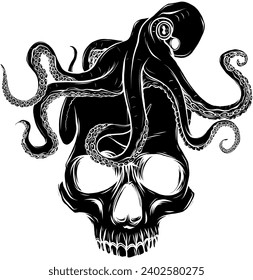 black silhouette of octopus on huma skull. vector illustration on white bacground