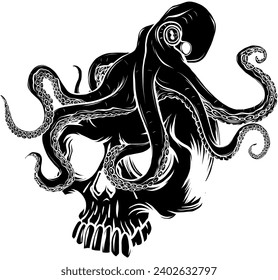 silueta negra de pulpo sobre el cráneo huma. ilustración vectorial sobre fondo blanco