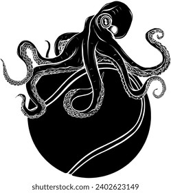 black silhouette of octopus sitting on tennis ball icon.