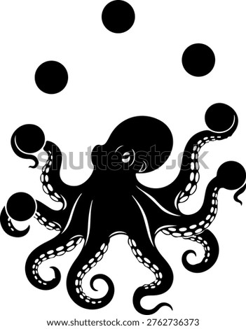 A black silhouette of an octopus skillfully juggles five round balls, representing multitasking capabilities, efficiency, and resourcefulness. This clean vector illustration is ideal for business, educational, or creative projects, symbolizing adept management and problem-solving in a versatile graphic.