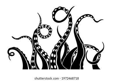 Black silhouette of octopus tentacles. Isolated sea monster drawing. Kraken sketch. Underwater animal wall art. Vector illustration 