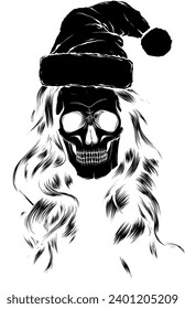 black silhouette ofblack silhouette of outline drawing of a horror santa claus skull with hat .