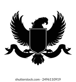 Black silhouette off coat of arms Winged Eagle with shield isolated white background