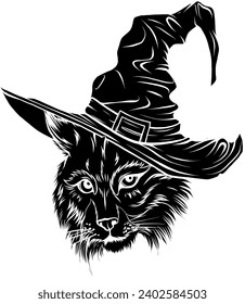 black silhouette oflynx head with wizard hat vector illustration