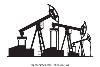 Black silhouette of oil drilling derricks. Vector illustration isolated on white background
