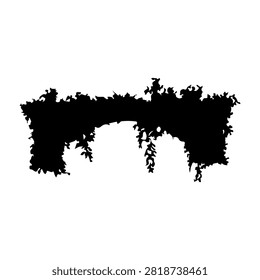 A black silhouette of an old bridge covered in dense vegetation and hanging vines, emphasizing nature reclaiming man-made structures.