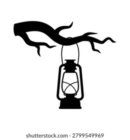 Black silhouette of old fashioned lantern suspended on rustic tree branch outdoors atmospheric light lamp design.