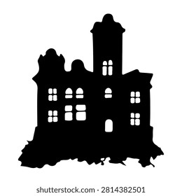 Black silhouette of an old haunted castle with tower, windows, and battlements, set against a white background, evoking mystery and history.