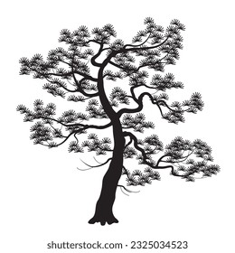 Black silhouette of old Japanese pine tree isolated on white background. Monochrome coniferous plant simple vector illustration. Landscape element design.