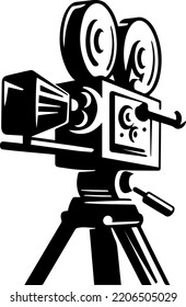 black silhouette old retro filming movie video camera with stand vector graphic designing