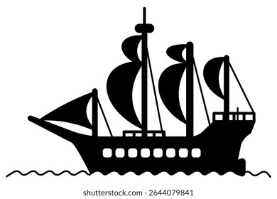 Silhueta preta de um veleiro velho com várias velas nas ondas do oceano, isolado no fundo branco. Ilustração de vetor náutico para projetos com temática marinha e pirata.
