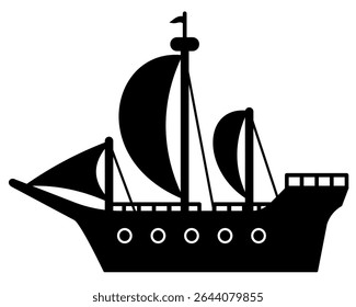 Silhueta preta de um veleiro velho com várias velas, isolado no fundo branco. Ilustração de vetor náutico para desenhos náuticos e piratas.