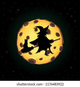 Black silhouette of old scary witch on broomstick with cat flying on night sky background with full yellow moon and sparkling stars. Halloween vector cartoon illustration, greeting card, invitation.