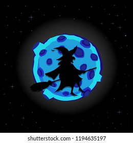 Black silhouette of old spooky witch on broomstick flying on night sky background with full blue moon and twinkle stars. Halloween vector cartoon illustration, greeting card, invitation, flyer, banner