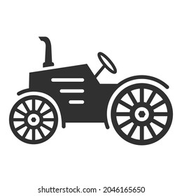 Black silhouette of an old tractor. The farm is a rural machine.Agricultural technician.Cartoon vector flat illustration. 