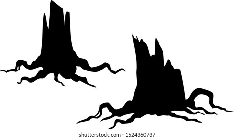 Black Silhouette Old Tree Stump With Roots. Isolated On White Background. Halloween Vector Icon.