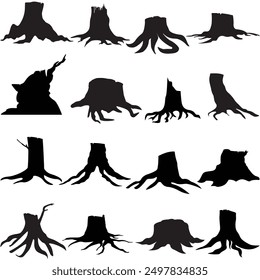 Schwarze Silhouette alten Baumstumpf mit Wurzeln.Baumstumpf Silhouette Vektor Illustration. 
Satz von Wurzeln Silhouetten. Stumpfsymbol. Stump-Vektorgrafik-Illustration.root-Symbol. Schwarze Silhouette