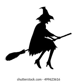 Black silhouette of old ugly witch isolated on white for Halloween design