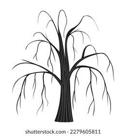 Black silhouette of an old willow tree without leaves with decor, design element, wallpaper, postcard, packaging, wrapping paper, entourage for the holiday of Halloween
