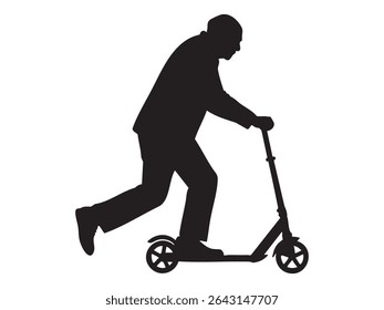 Silhueta preta de um homem mais velho montando scooter de chute, isolado no fundo branco, ilustração gráfica. conceito de estilo de vida ativo idoso, mobilidade, transporte urbano, diversão, exercício, recreação.