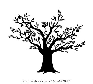 Black silhouette of olive tree with thick trunk, branches and olives. Classic Mediterranean tree. Food, farming, agriculture, botanical themes. Flat vector illustration isolated on transparent.