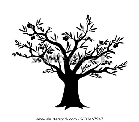 Black silhouette of olive tree with thick trunk, branches and olives. Classic Mediterranean tree. Food, farming, agriculture, botanical themes. Flat vector illustration isolated on transparent. Stock photo © 