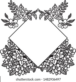 Black silhouette on white backdrop, with design plant of leaf flower frame. Vector