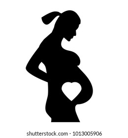 Black silhouette on white background of a pregnant woman, symbol of birth and continuation of the genus, heart, vector