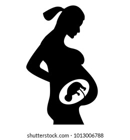 Black silhouette on white background of a pregnant woman, symbol of birth and continuation of the genus, small child, vector
