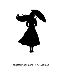 Black silhouette on a white background. Girl with an umbrella. Vector illustration