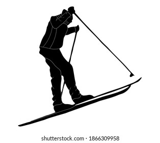 Black silhouette on a white background. An athlete on skis jumps from a springboard and flies. Winter illustration isolated on white background in vector.