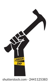 Black silhouette on white background. Happy Labor Day, banner template. Hand of worker holds hammer. Carpenter with industrial tool. International workers' day. Flat vector illustration