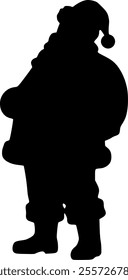 Black silhouette on a white background. Santa Claus in a fur coat and hat.