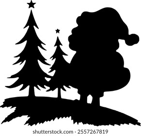 Black silhouette on a white background. Santa Claus in a fur coat and hat.