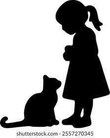 Black silhouette on a white background. Girl and kitten.