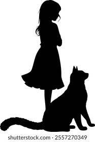 Black silhouette on a white background. Girl and kitten.