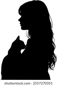 Black silhouette on a white background. Girl and kitten.